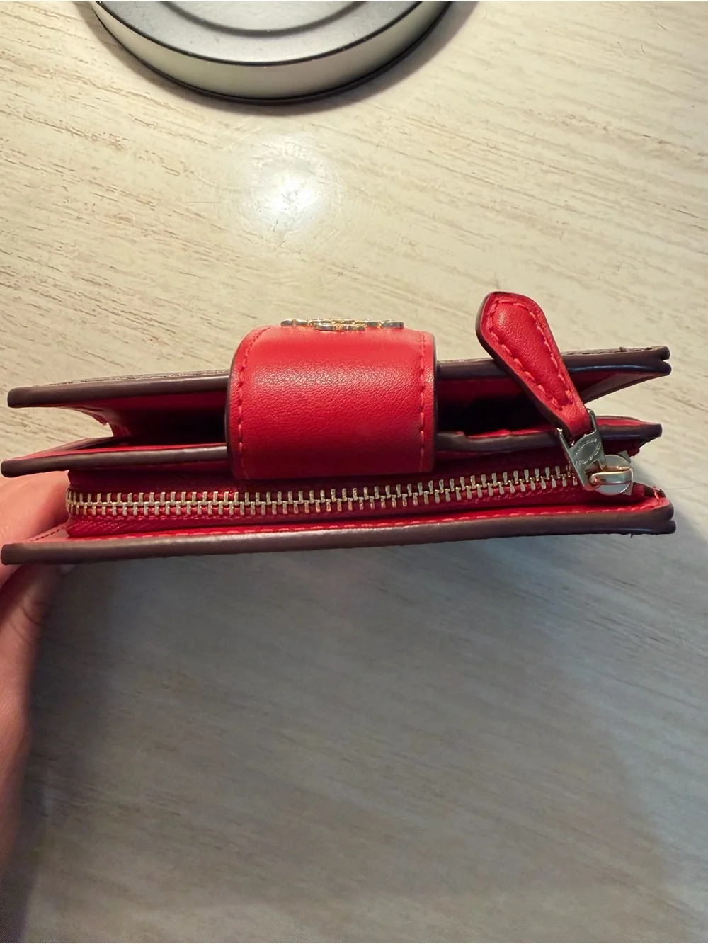 COACH Brown Signature Canvas Wallet with Red Accent
